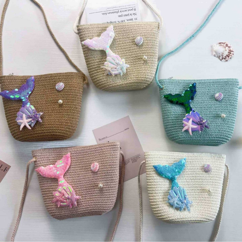 Ljetna torbica s morskom sirenom od papira, pletena crossbody mini novčanik, za djevojčice, sladak prinčevski dizajn, torbica za telefon