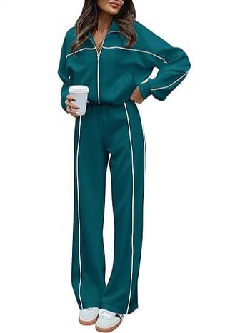 Ženski dvodijelni sportski set u europsko-američkom stilu za jesen i zimu, zip hoodie s visokim ovratnikom i dugim rukavima, prugaste udobne hlače.