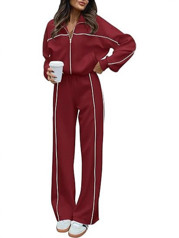 Ženski dvodijelni sportski set u europsko-američkom stilu za jesen i zimu, zip hoodie s visokim ovratnikom i dugim rukavima, prugaste udobne hlače.
