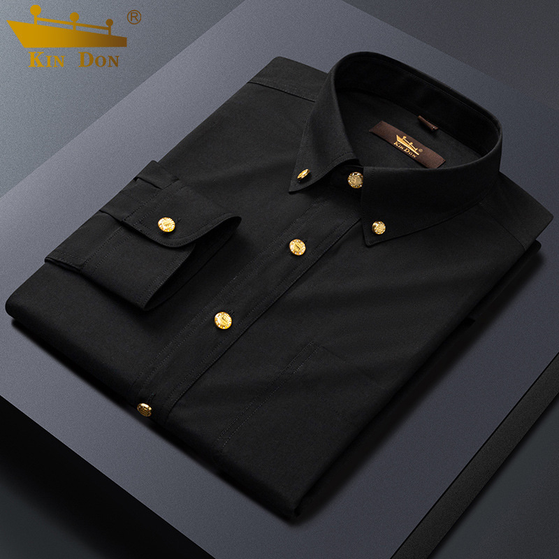 Új férfi hosszú ujjú ing üzleti slim-fit, réz gombokkal, rugalmas, gyűrődésálló, vasalást nem igényel