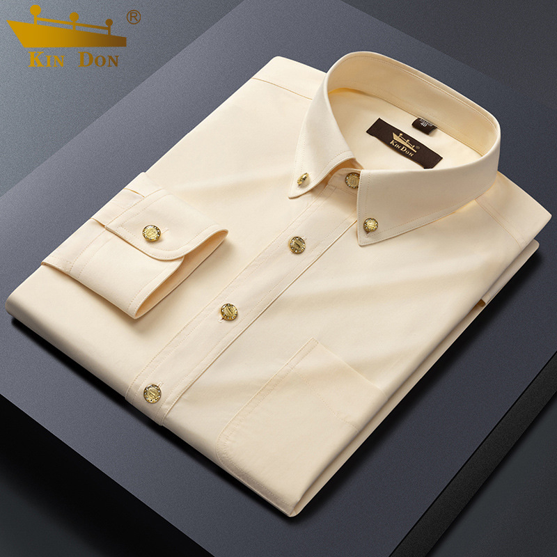 Új férfi hosszú ujjú ing üzleti slim-fit, réz gombokkal, rugalmas, gyűrődésálló, vasalást nem igényel