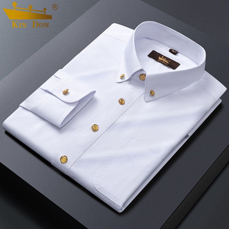 Új férfi hosszú ujjú ing üzleti slim-fit, réz gombokkal, rugalmas, gyűrődésálló, vasalást nem igényel