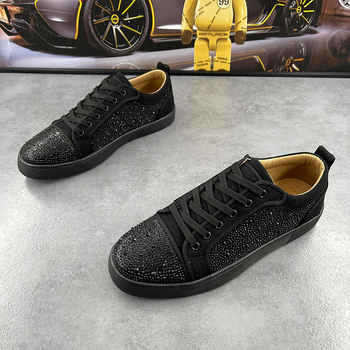 Sneakers din piele, cu cristale, respirabile, design color-block, stil casual coreean pentru bărbați