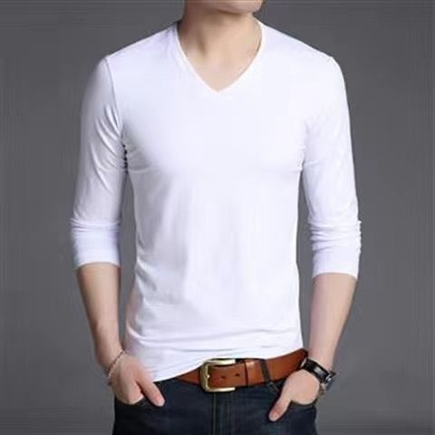 Tricou masculin subțire cu mânecă lungă – mărime plus, strat de bază, decolteu în V sau guler rotund, primăvară-vară
