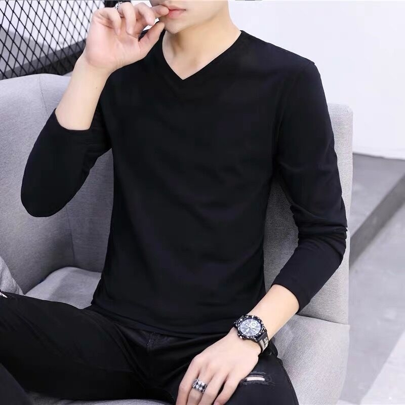 Tricou masculin subțire cu mânecă lungă – mărime plus, strat de bază, decolteu în V sau guler rotund, primăvară-vară