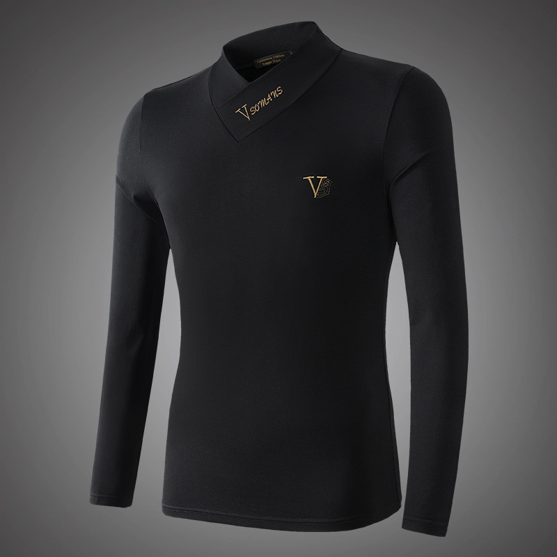 Tricou de bărbați cu căptușeală din fleece, croială slim, mânecă lungă, decolteu în V și guler înălțat