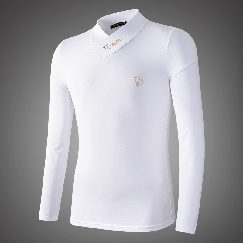 Tricou de bărbați cu căptușeală din fleece, croială slim, mânecă lungă, decolteu în V și guler înălțat