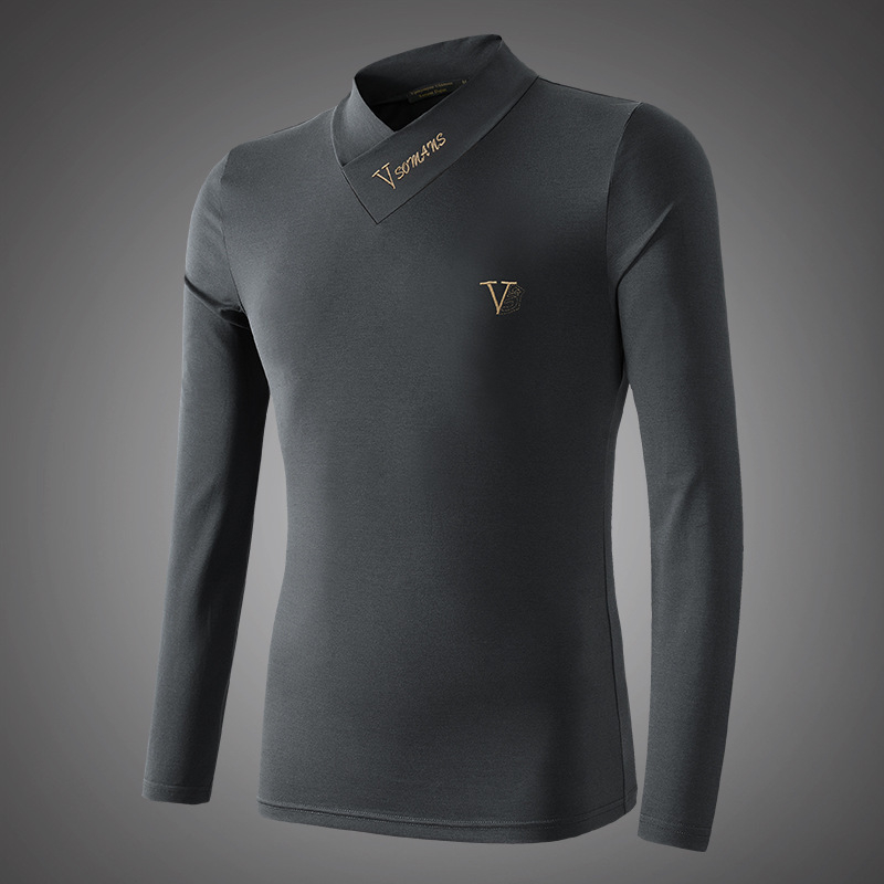Tricou de bărbați cu căptușeală din fleece, croială slim, mânecă lungă, decolteu în V și guler înălțat
