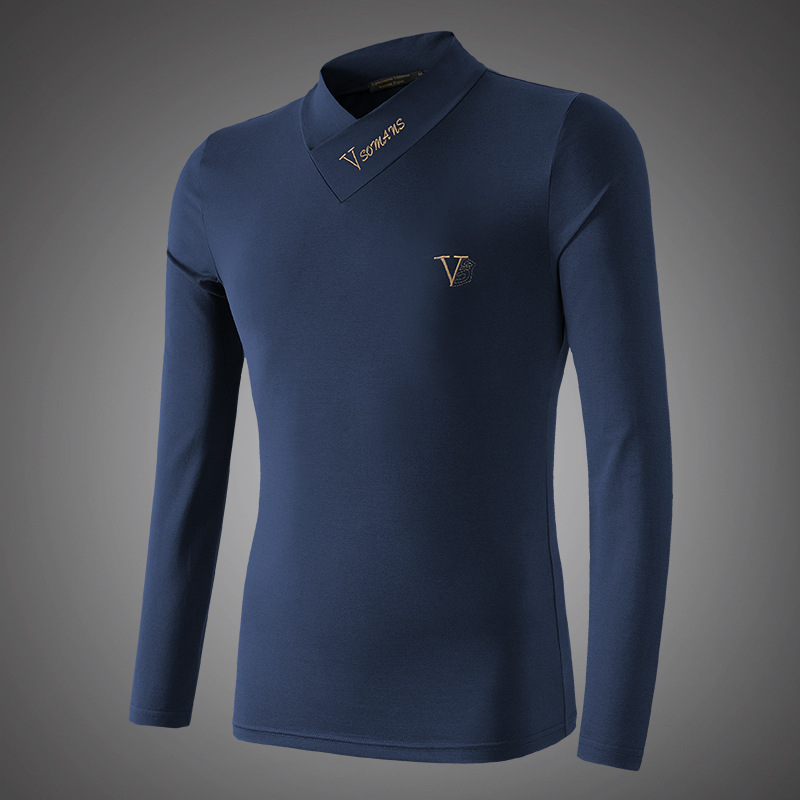 Tricou de bărbați cu căptușeală din fleece, croială slim, mânecă lungă, decolteu în V și guler înălțat