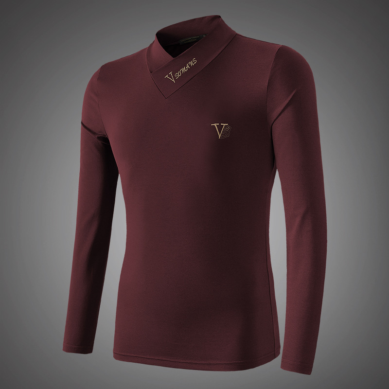 Tricou de bărbați cu căptușeală din fleece, croială slim, mânecă lungă, decolteu în V și guler înălțat