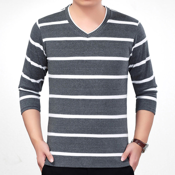 Tricou tricotat pentru bărbați, mâneci lungi, dungă, decolteu în V, croială lejeră, toamnă