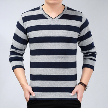 Tricou tricotat pentru bărbați, mâneci lungi, dungă, decolteu în V, croială lejeră, toamnă