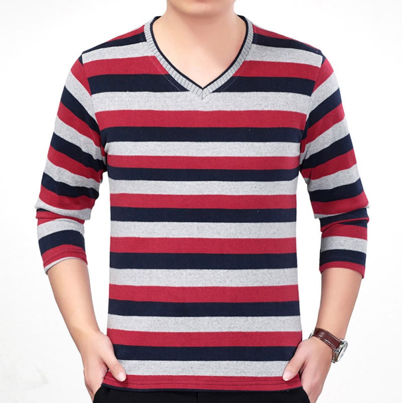 Tricou tricotat pentru bărbați, mâneci lungi, dungă, decolteu în V, croială lejeră, toamnă