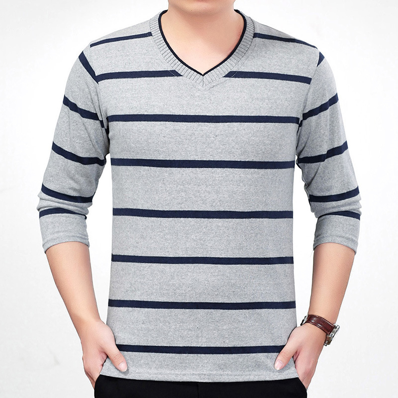 Tricou tricotat pentru bărbați, mâneci lungi, dungă, decolteu în V, croială lejeră, toamnă