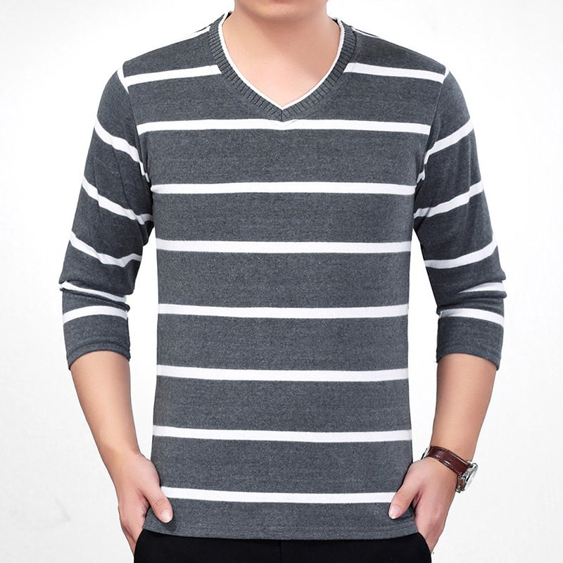 Tricou tricotat pentru bărbați, mâneci lungi, dungă, decolteu în V, croială lejeră, toamnă
