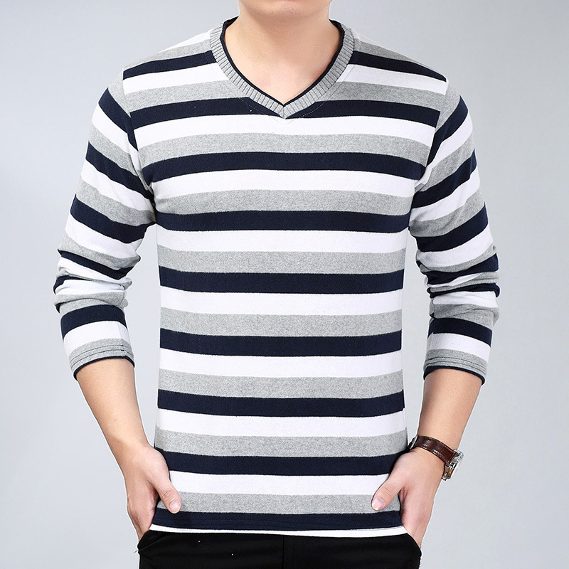 Tricou tricotat pentru bărbați, mâneci lungi, dungă, decolteu în V, croială lejeră, toamnă