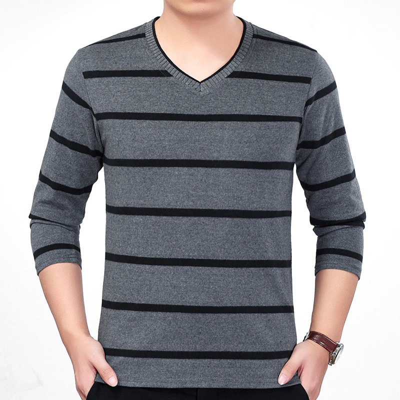 Tricou tricotat pentru bărbați, mâneci lungi, dungă, decolteu în V, croială lejeră, toamnă
