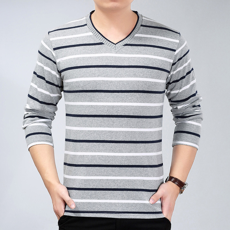 Tricou tricotat pentru bărbați, mâneci lungi, dungă, decolteu în V, croială lejeră, toamnă
