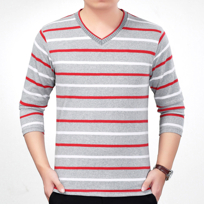Tricou tricotat pentru bărbați, mâneci lungi, dungă, decolteu în V, croială lejeră, toamnă