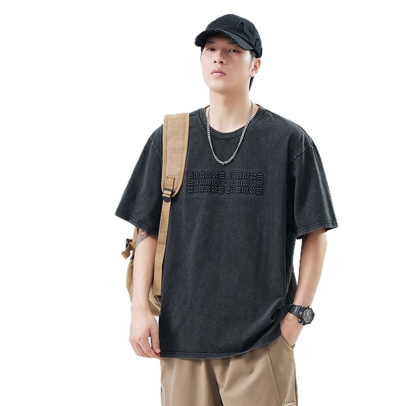 Tricou bărbați cu croială lejeră, mâneci scurte, bumbac, vară 2026, aspect de spălare