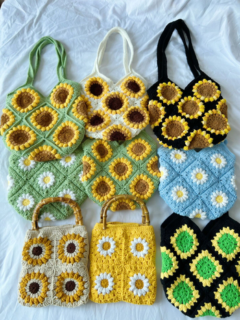 Ručna izrada ženska heklana tote torba s motivom Granny Square i margaretkama i suncokretima