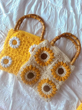 Ručna izrada ženska heklana tote torba s motivom Granny Square i margaretkama i suncokretima