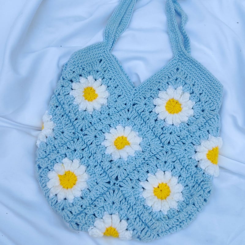 Ručna izrada ženska heklana tote torba s motivom Granny Square i margaretkama i suncokretima
