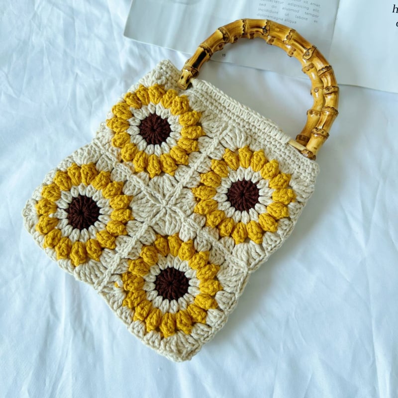 Ručna izrada ženska heklana tote torba s motivom Granny Square i margaretkama i suncokretima
