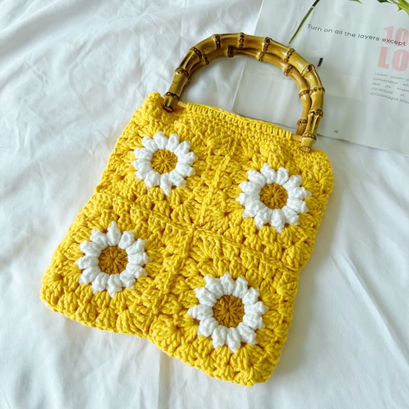 Ručna izrada ženska heklana tote torba s motivom Granny Square i margaretkama i suncokretima