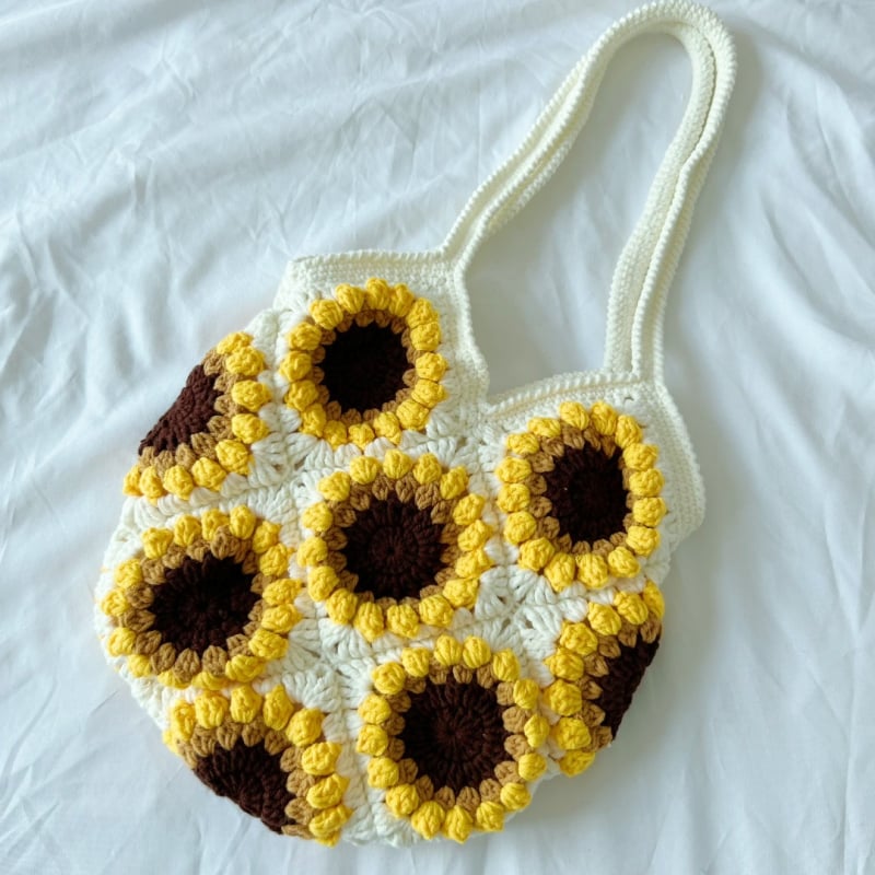 Ručna izrada ženska heklana tote torba s motivom Granny Square i margaretkama i suncokretima