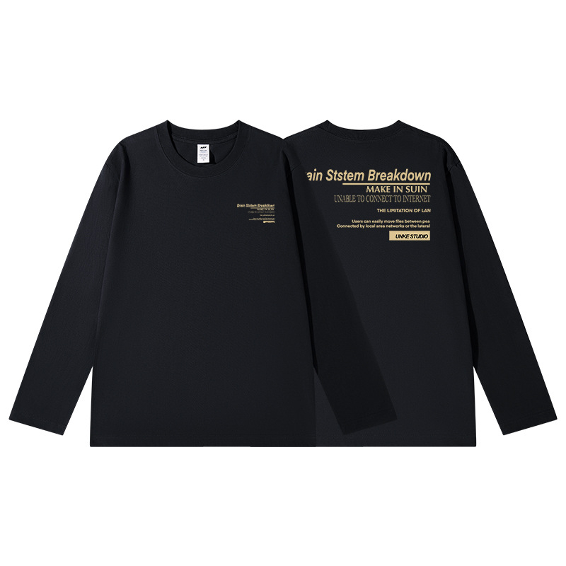 Tricou T din bumbac cu imprimeu litere, mâneci lungi, pentru bărbați, toamnă, 230 g, croială lejeră, guler rotund