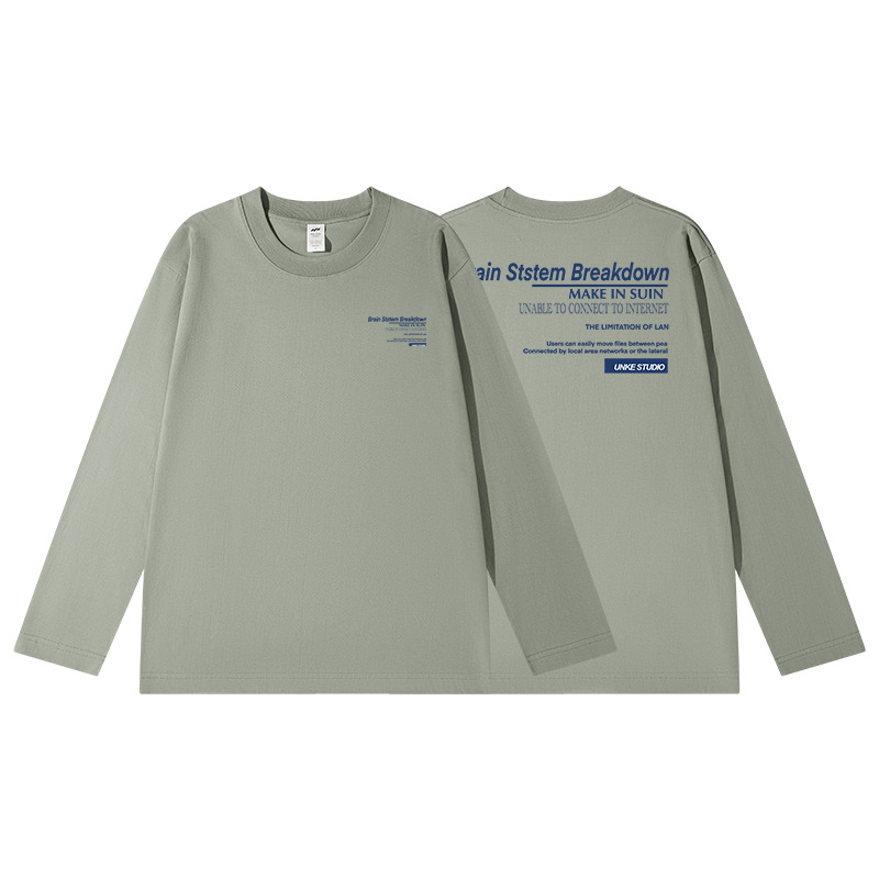 Tricou T din bumbac cu imprimeu litere, mâneci lungi, pentru bărbați, toamnă, 230 g, croială lejeră, guler rotund