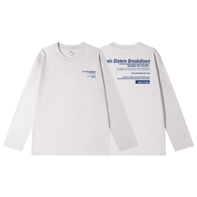Tricou T din bumbac cu imprimeu litere, mâneci lungi, pentru bărbați, toamnă, 230 g, croială lejeră, guler rotund