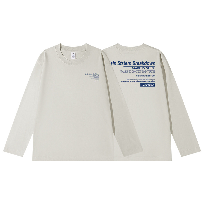 Tricou T din bumbac cu imprimeu litere, mâneci lungi, pentru bărbați, toamnă, 230 g, croială lejeră, guler rotund