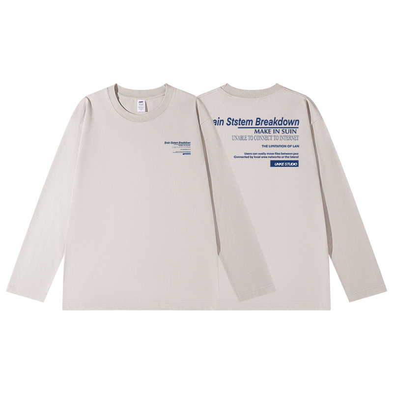 Tricou T din bumbac cu imprimeu litere, mâneci lungi, pentru bărbați, toamnă, 230 g, croială lejeră, guler rotund