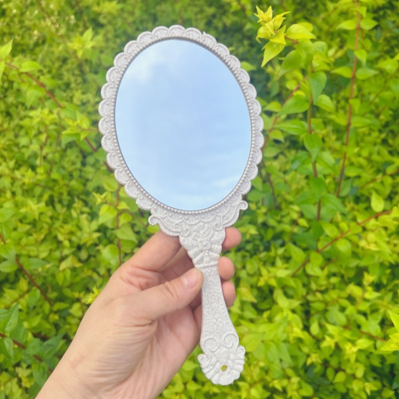 Kézi sminktükör retro mintával, 25×11 cm, műanyag keret, alumínium tükör