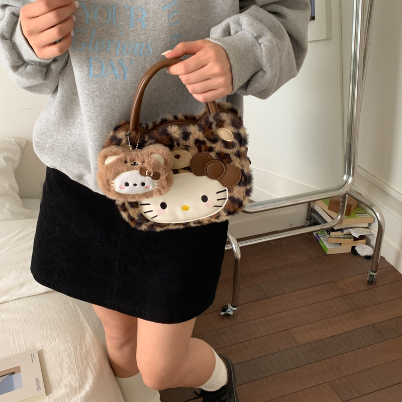 Ženska torba u korejskom stilu, pliš mačji motiv, leopard uzorak, sladak ženstveni dizajn, preko ramena