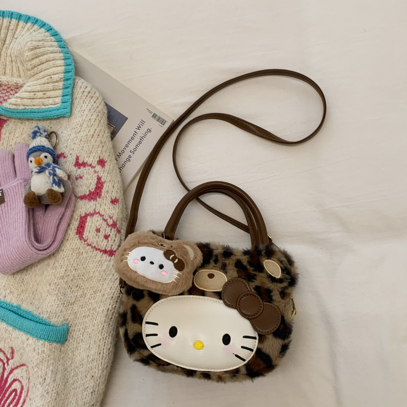 Ženska torba u korejskom stilu, pliš mačji motiv, leopard uzorak, sladak ženstveni dizajn, preko ramena