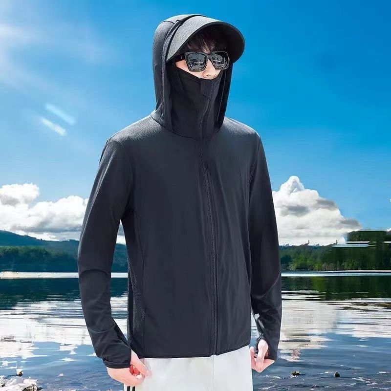 Muška ultra tanka kapuljačom jakna s UV zaštitom, jednofarbeni Ice Silk materijal, labav kroj sportska jakna