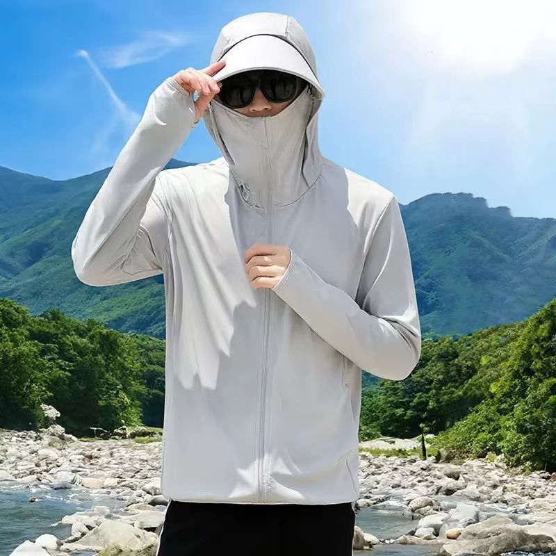Muška ultra tanka kapuljačom jakna s UV zaštitom, jednofarbeni Ice Silk materijal, labav kroj sportska jakna
