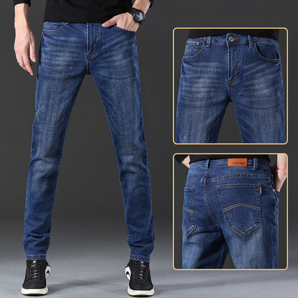 Férfiaknak laza, egyenes szabású farmernadrág, prémium rugalmas denim, világos mosás, őszi mindennapi viselet