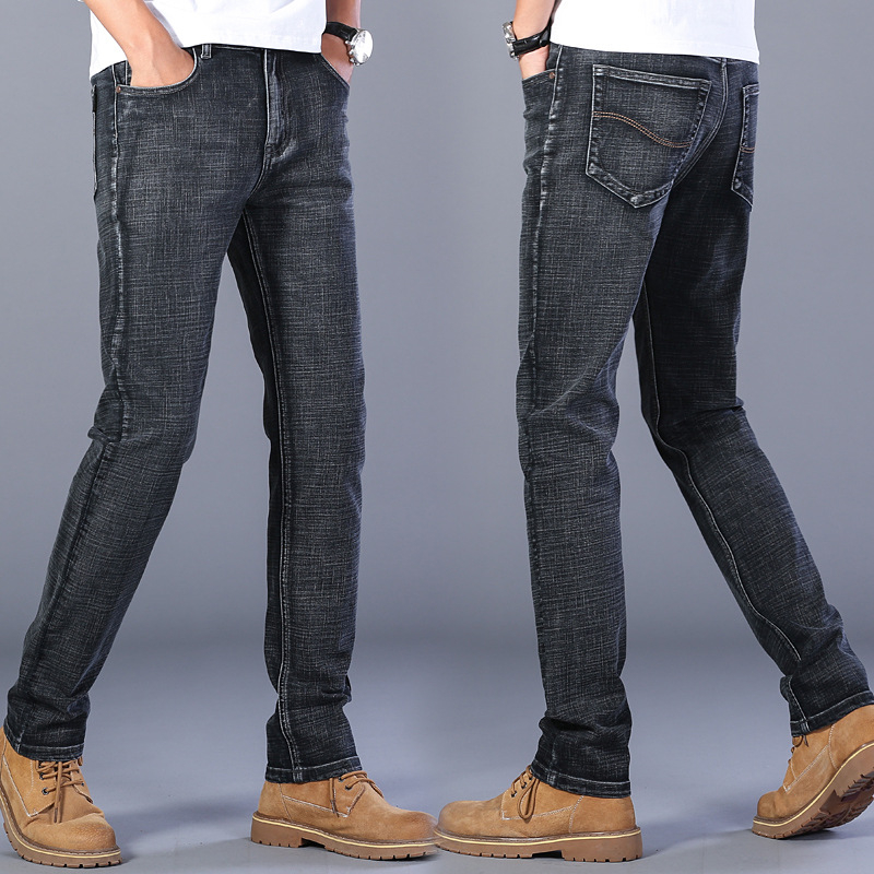 Férfiaknak laza, egyenes szabású farmernadrág, prémium rugalmas denim, világos mosás, őszi mindennapi viselet