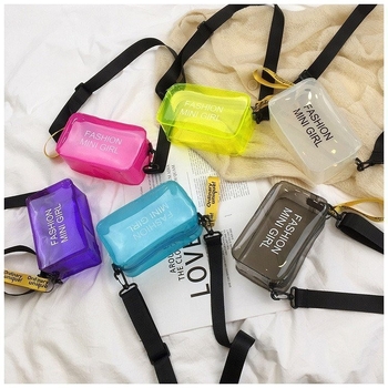 Geantă transparentă de umăr din gelatină cu imprimeu de litere, stil coreean, crossbody, mică geantă pătrată din PVC pentru uz zilnic