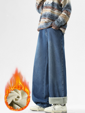 Danbaoni Férfi farmernadrág, téli fleece-bélés, laza egyenes szabás, elasztikus derék, amerikai street style