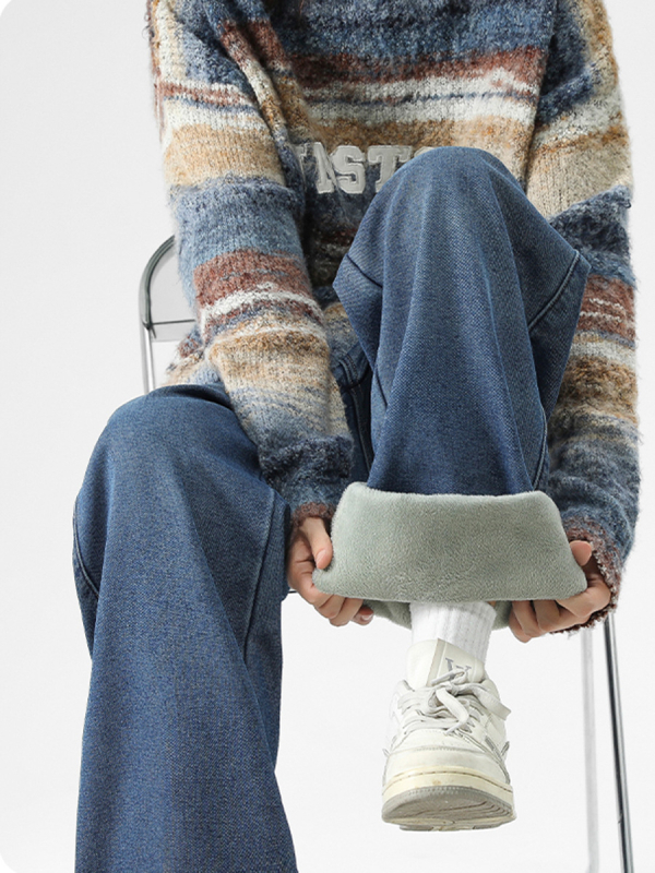 Danbaoni Férfi farmernadrág, téli fleece-bélés, laza egyenes szabás, elasztikus derék, amerikai street style