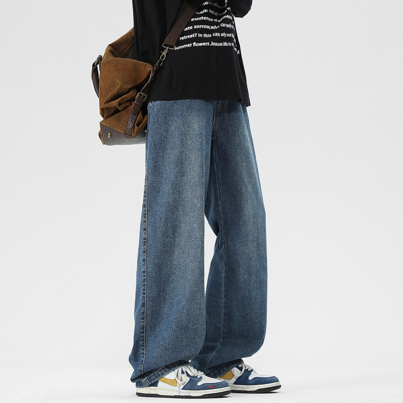 Danbaoni Férfi farmernadrág, téli fleece-bélés, laza egyenes szabás, elasztikus derék, amerikai street style