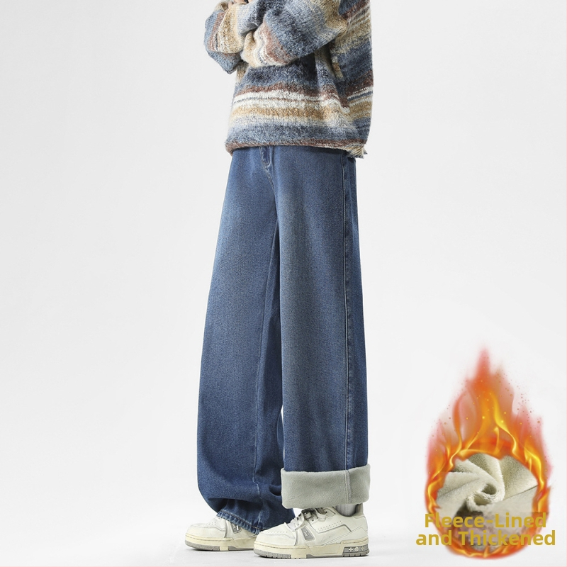 Danbaoni Férfi farmernadrág, téli fleece-bélés, laza egyenes szabás, elasztikus derék, amerikai street style