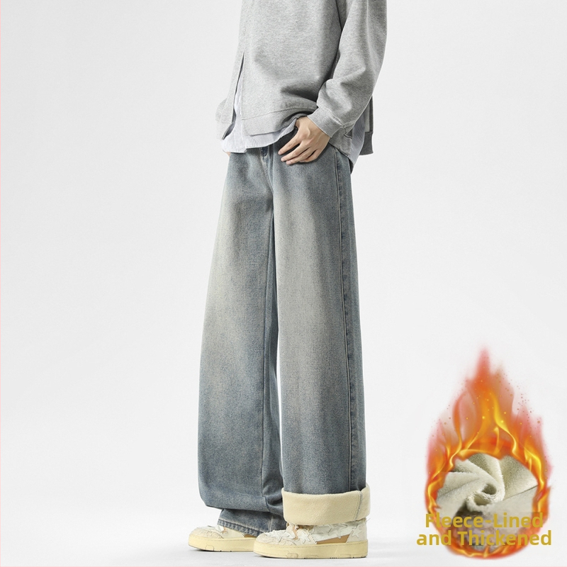 Danbaoni Férfi farmernadrág, téli fleece-bélés, laza egyenes szabás, elasztikus derék, amerikai street style