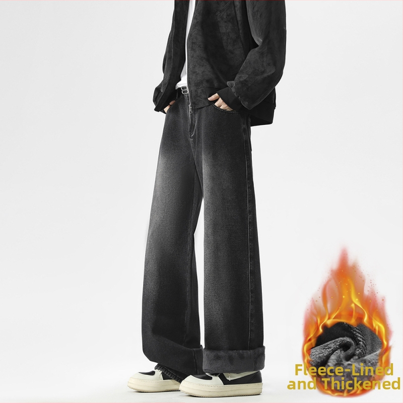 Danbaoni Férfi farmernadrág, téli fleece-bélés, laza egyenes szabás, elasztikus derék, amerikai street style