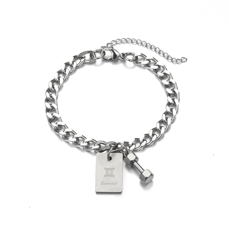Narukvica od titan čelika s dvanaest znakova zodijaka, unisex, kvadratni privjesak u obliku bučice, hip-hop stil
